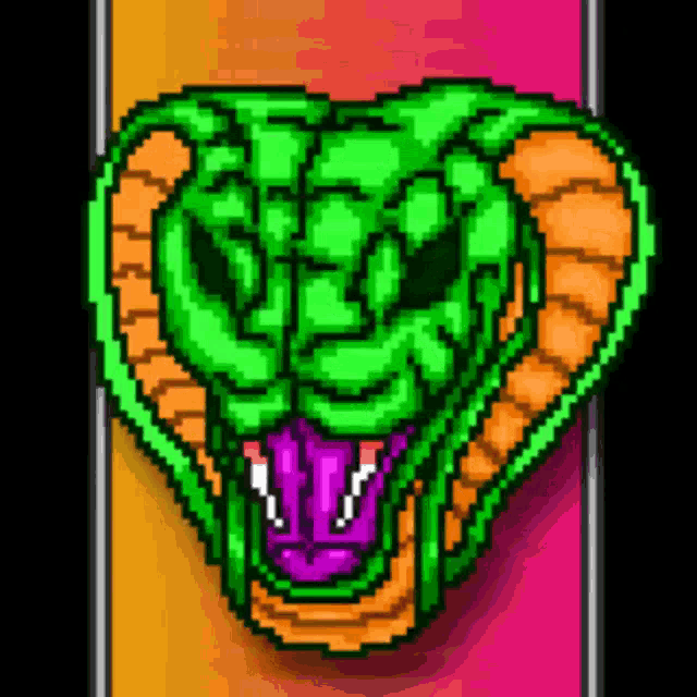 a pixel art of a green and orange cobra with its mouth open