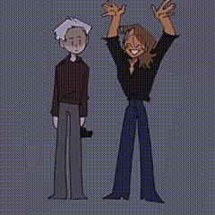 two people are standing next to each other with their arms in the air .