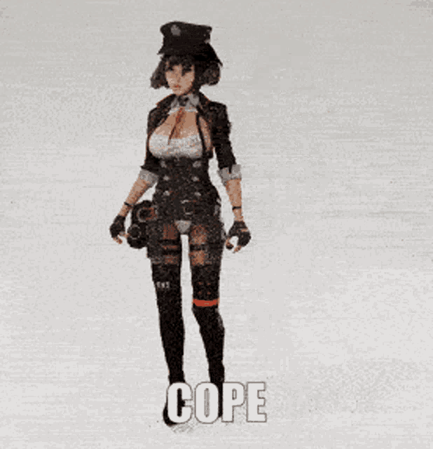 a woman in a police uniform is dancing with the word cope behind her