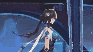 a girl with a ponytail is standing in a room with a hsrgifs watermark on the bottom right