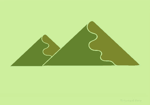 a drawing of two mountains with a sun behind them