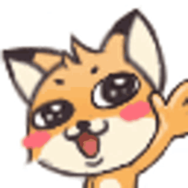 a cartoon fox is waving its paw in the air .
