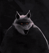 a wolf with orange eyes is wearing a black cape