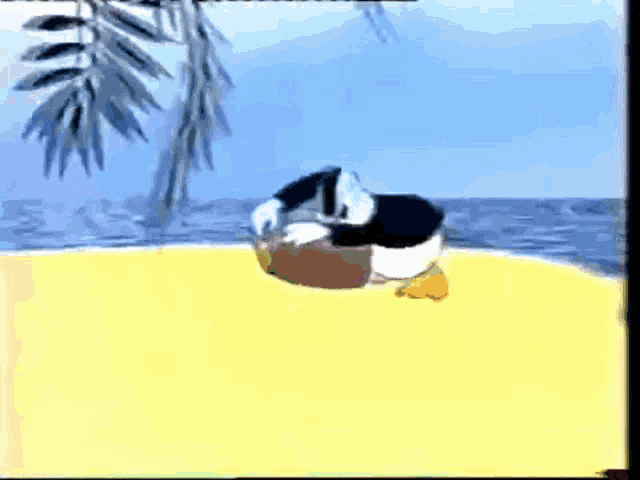 a cartoon of donald duck on a beach with palm trees in the background
