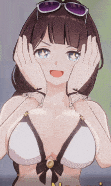 a girl wearing sunglasses and a bikini is making a face
