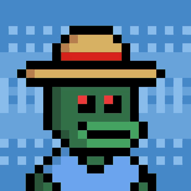 a pixel art of a green monster wearing a hat