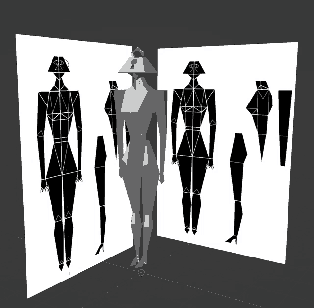 a 3d model of a woman standing next to a mirror