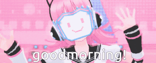 a girl wearing headphones and a face mask says good morning