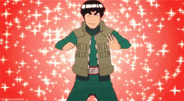 a man in a green vest is standing in front of a red background filled with stars .
