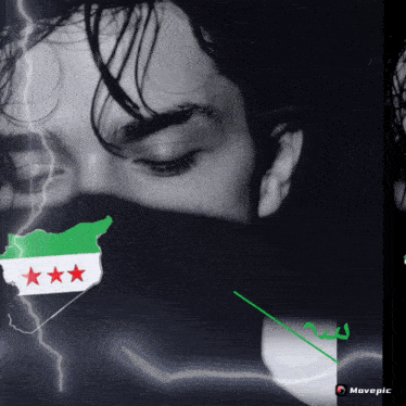 a black and white photo of a man 's face with a map of syria with three stars on it