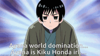 a cartoon of a boy with the words " ayana world domination ... ayana is kiku honda irl ... "