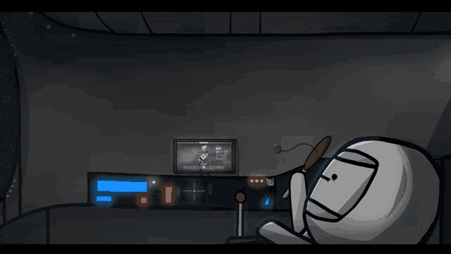 a cartoon character is sitting in a dark room with a screen that says ' a ' on it