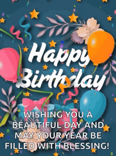 a happy birthday card with balloons and confetti