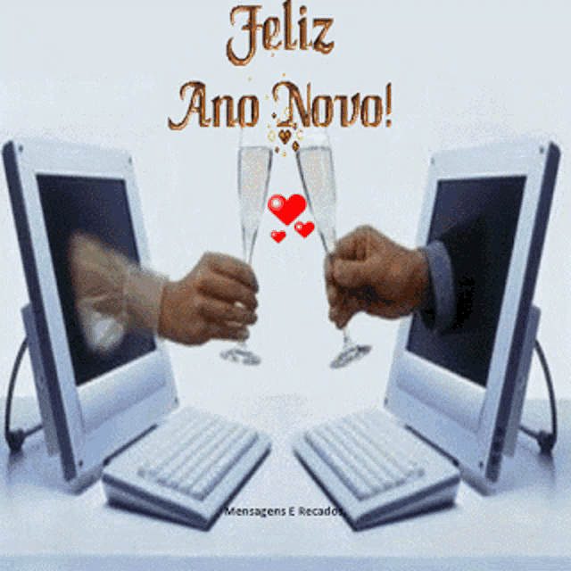 a feliz ano novo greeting card with two people toasting