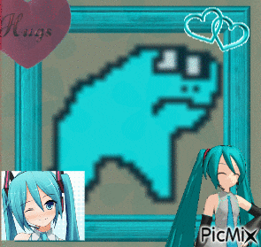 a picture of hatsune miku and a picture of a frog with the words hugs written on it