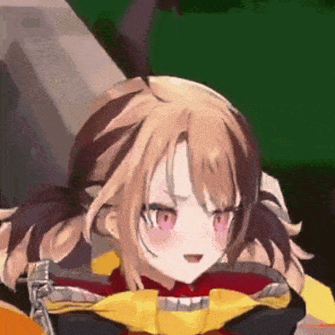a close up of a girl 's face in a video game with a sword in her hand .