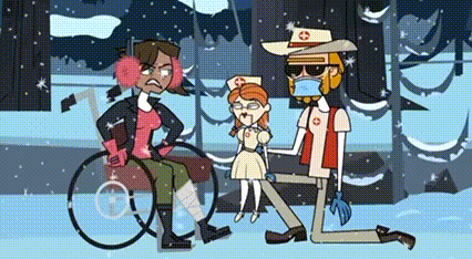 a cartoon of a man kneeling down next to a woman in a wheelchair and a little girl .