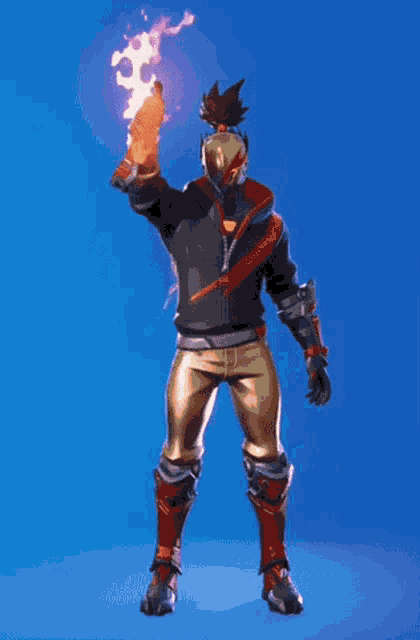 a man in a black jacket and gold pants holds a torch in his hand