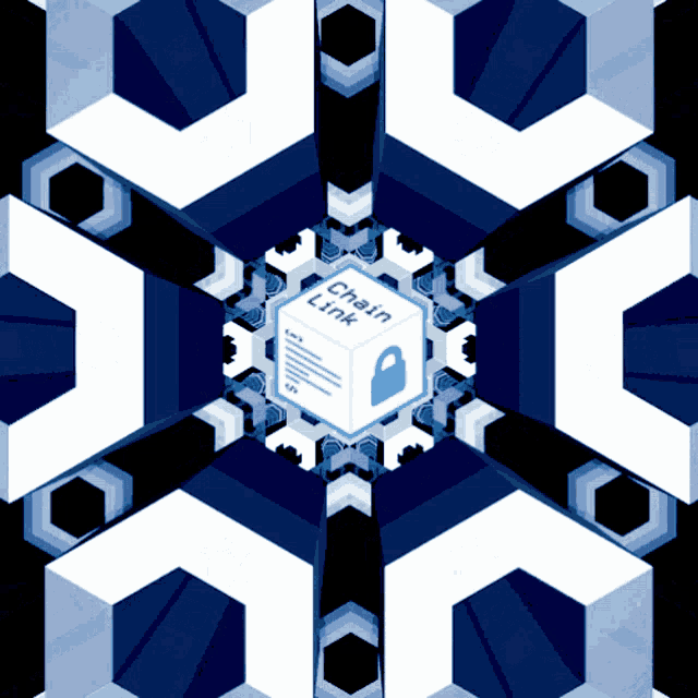 a blue and white kaleidoscope with a cube that says chain link on it