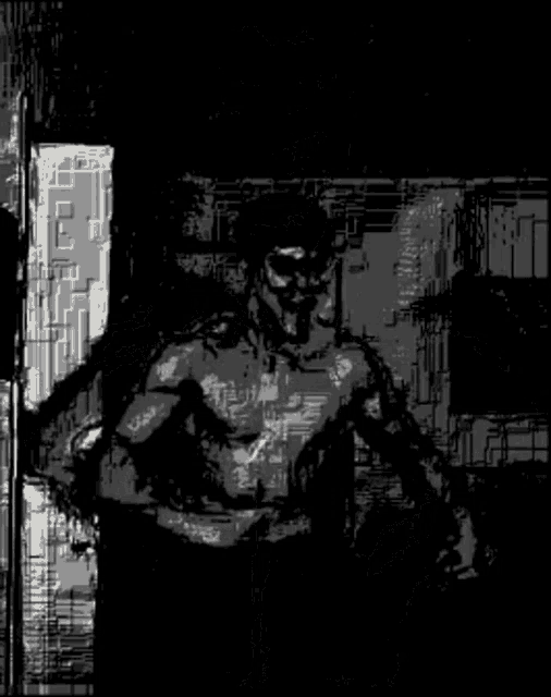 a black and white drawing of a shirtless man with his tongue out