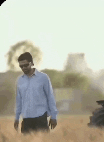 a man wearing sunglasses and a blue shirt is walking through a field .