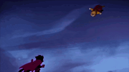 a cartoon character is flying through the air with a yellow arrow