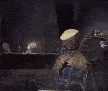 a cartoon character is sitting in a chair in a dark room