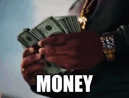 a man is holding a bunch of money in his hands and the word money is on the bottom