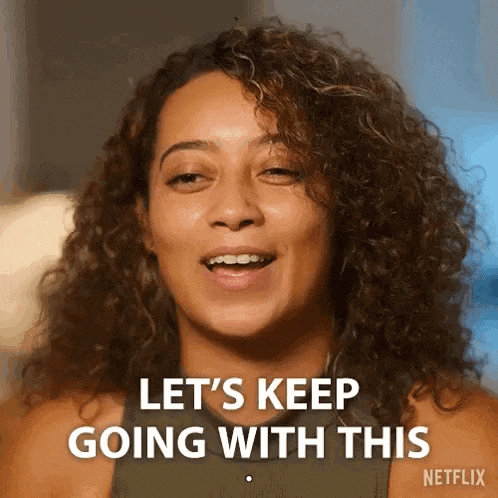 a woman with curly hair is saying let 's keep going with this .