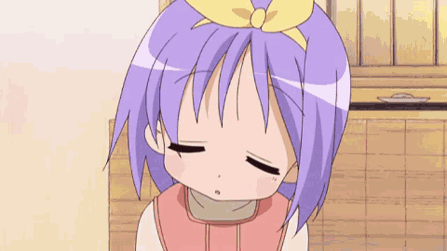 a cartoon girl with purple hair and a yellow bow on her head