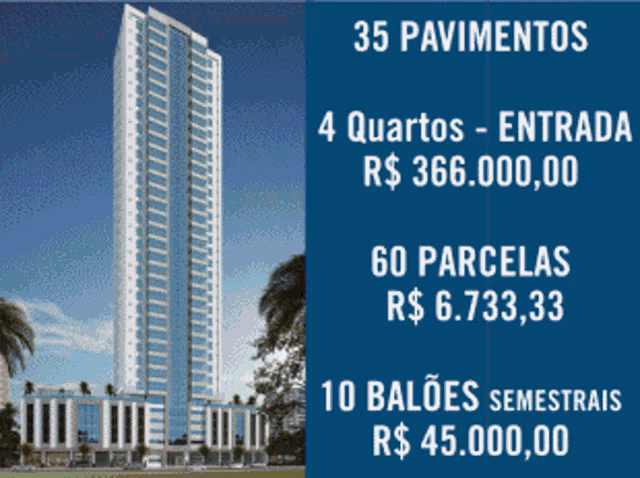 a tall building with a blue sign that says 35 pavimentos on it