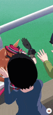 a cartoon of a woman waving at a horse with the letters n on the bottom