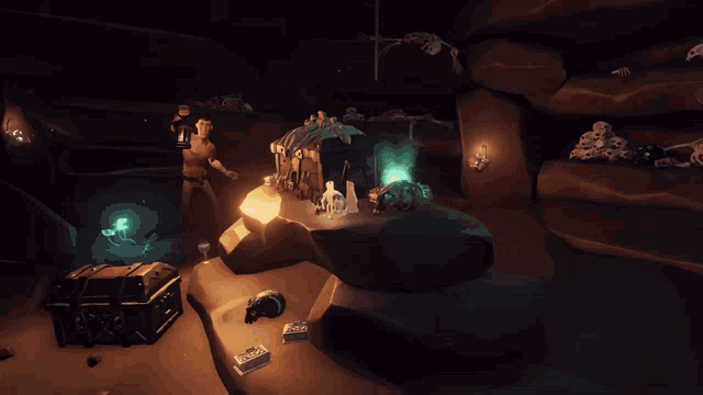 a man in a video game is standing next to a large treasure chest