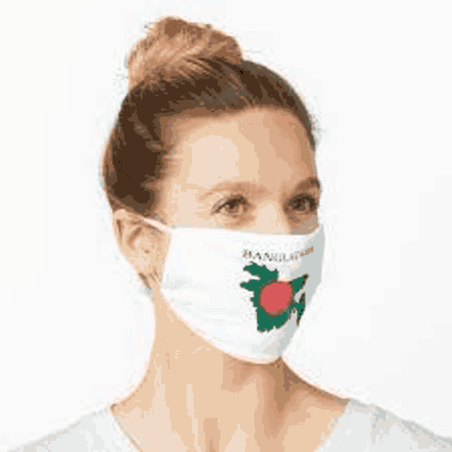 a woman is wearing a white face mask with a map of bangladesh on it .