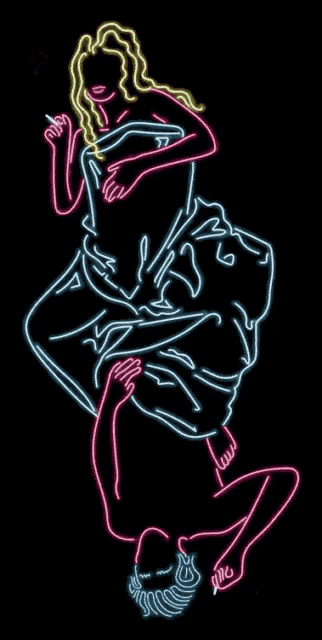 a neon drawing of a woman smoking a cigarette on a man 's back