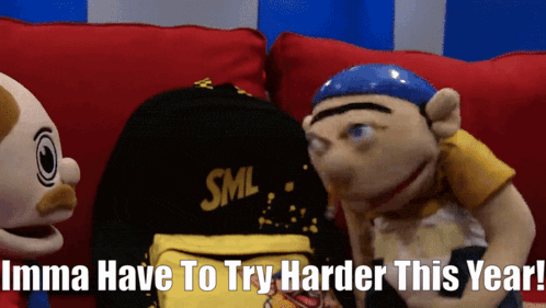 three stuffed animals are sitting on a red couch with the words imma have to try harder this year