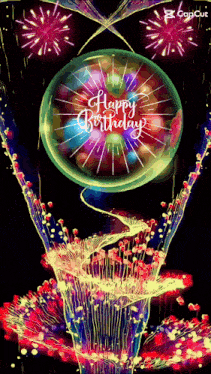 a happy birthday greeting card with fireworks and flowers