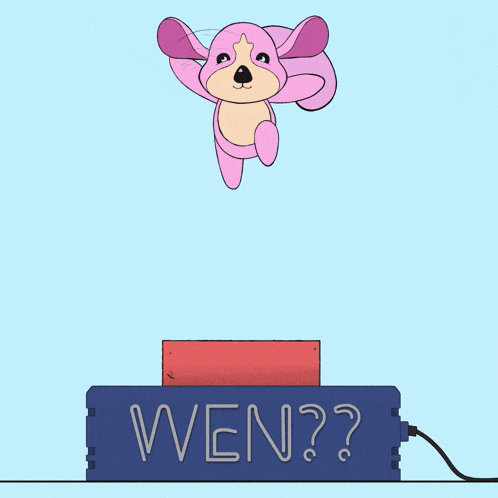 a pink stuffed animal is flying over a box that says wen