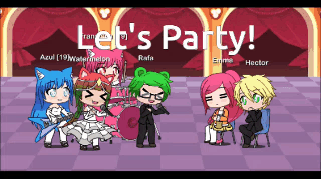 a group of anime characters are gathered in a room with the words let 's party written on the bottom