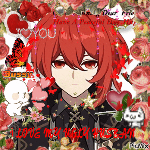 a picture of a boy with red hair surrounded by flowers and the words " love my hubby " on the bottom