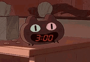 a cartoon cat shaped alarm clock says it is 3:00