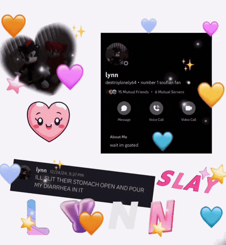 a screenshot of lynn 's facebook page with hearts and stars around it