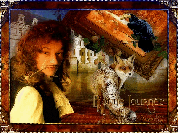 a framed picture of a man and a fox with the words bonne journee on the bottom