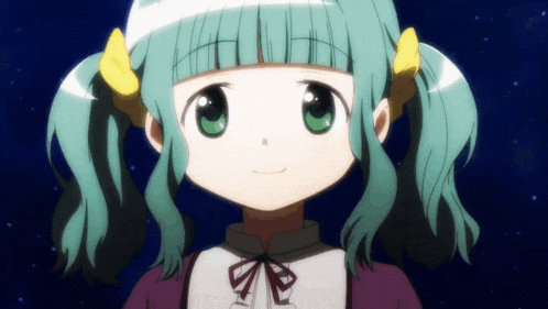 a girl with green hair and yellow bows on her hair