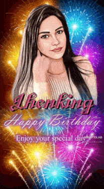 a picture of a woman with fireworks in the background and the words " happy birthday "