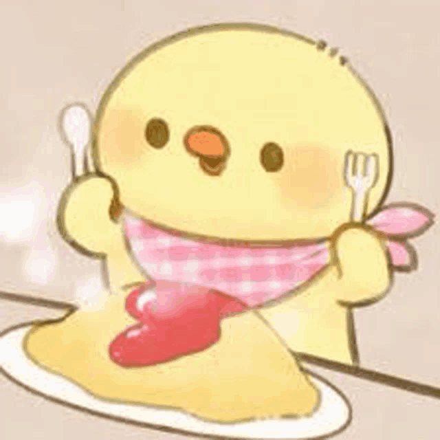 a yellow chicken is sitting at a table holding a fork and spoon while eating an omelet .