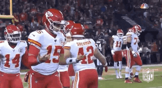 a group of nfl football players are standing on a field .