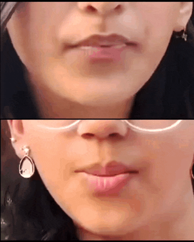 a close up of a woman 's lips with glasses on