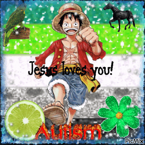 a picture of luffy from one piece with the words jesus loves you on it