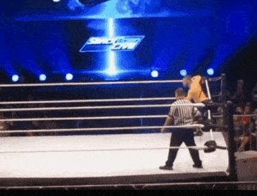 a referee stands in the middle of a wrestling ring with a smackdown logo in the background